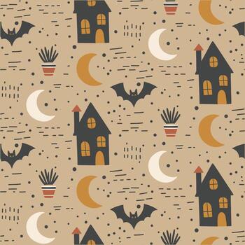 a seamless pattern with bats, crows and moon vector