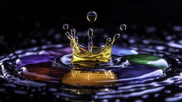 Vibrant Water Splash Crown with Colorful Droplets on a Dark Background photo