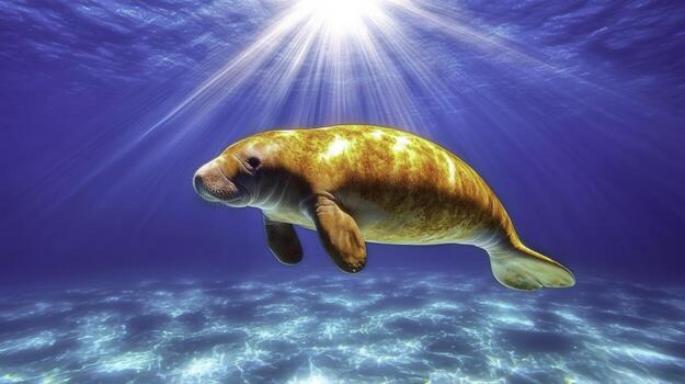 Graceful Manatee Swimming Under Water with Sunlight Streaming Through Waves photo