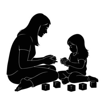 Mother and child playing with blocks learning vector