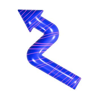 A three-dimensional dark blue arrow features a glossy finish and a wavy shape, accented by bright pink lines. It points upward and to the left, symbolizing progress and movement. vector