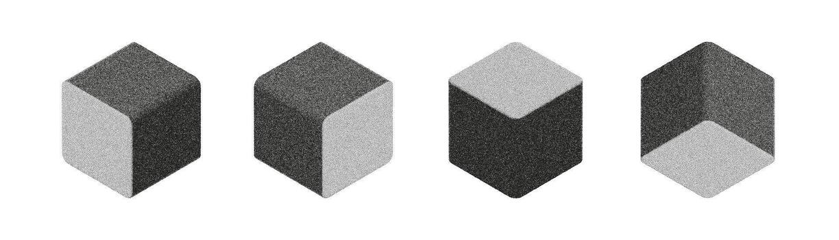 cuatro cúbico formas son arreglado en isométrica vista, cada con redondeado bordes y diferente ligero y sombra distribuciones, presentación un granoso visual estilo en contra un blanco fondo. vector