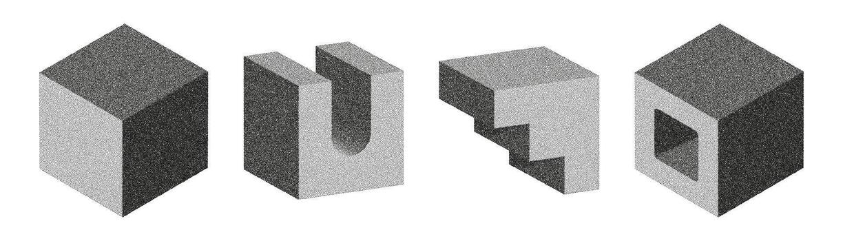 Exploring three-dimensional geometric shapes in a grainy stipple style with light gray tones on a white background vector