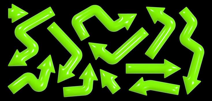 A vibrant collection of glossy three-dimensional arrows showcases different shapes like zigzags, curves, and L-shapes, creating a sense of direction and dynamic movement. vector