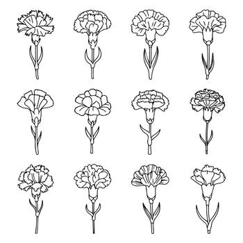 doce clavel flor ilustraciones en un cuadrícula modelo en blanco página íconos conjunto vector