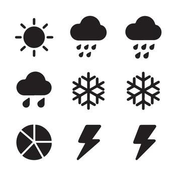 Collection of weather elements in black and white graphics icons set vector