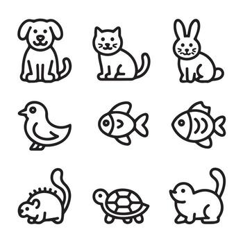 Collection of simple line drawings of various animals in black outline icons set vector