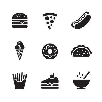 Assorted food items arranged in a grid format on a white background vector