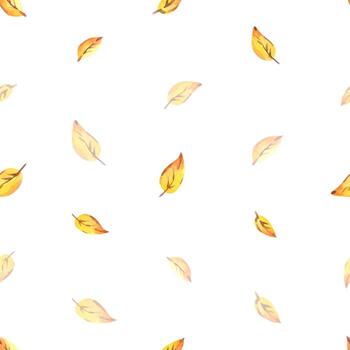 Minimal seamless pattern with small autumn leaves in warm tones, hand-painted watercolor illustration for elegant seasonal wrapping, textiles, digital backgrounds, and surface design projects. vector