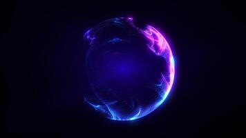 abstrakt lysande sfär sammansatt av blå partiklar, prickar, och vågor av blå ljus, en digital teknologi bakgrund. ett energisk och trogen sfär med balkar av ljus. sömlös slinga video