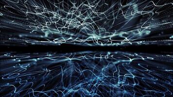 astratto scena di futuristico informatica mondo, fantascienza particella onda su buio sfondo, tecnologico raggiante superficie, neon notte scena, digitale scienza sfondo 4k animazione, virtuale la realtà concetto video