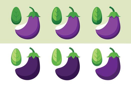 Two Rows of Flat Design Eggplants and Leaves with Shadows vector