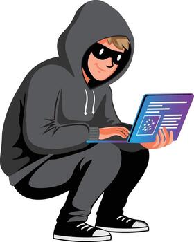 Digital Intrusion A hooded figure with a mask engages in clandestine activity, working with a laptop to symbolize data breaches and digital security threats. vector