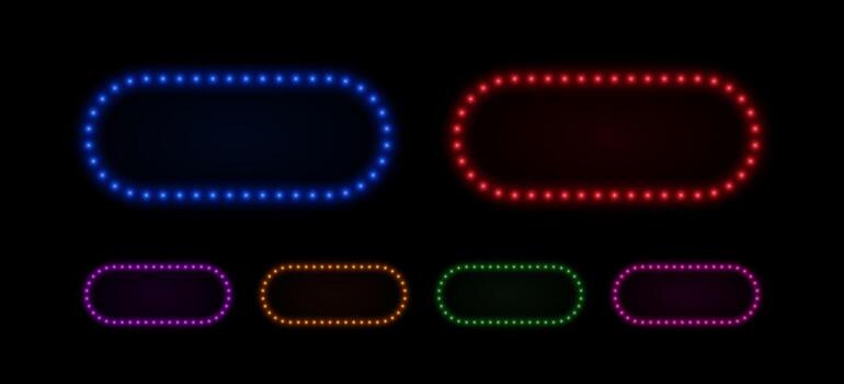 Light bulbs rectangle neon frame. Retro border with glow led lamps. Set of elements in blue, green and purple for text. vector