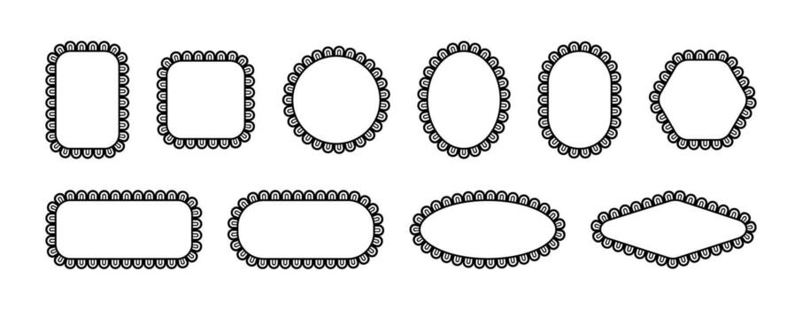 Lace frames with scallop. Border edge with pattern. Ornaments of different geometric shapes. Set of elements isolated on white background. vector