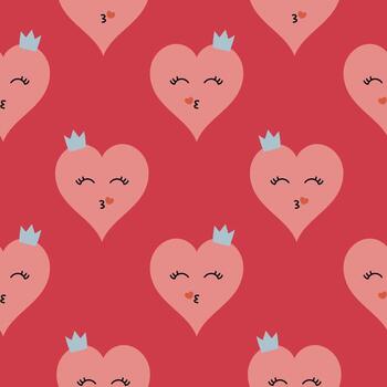 rosado corazón con un corona en un rojo antecedentes. sin costura modelo con corazones. interminable San Valentín día fondo, festivo diseño, y tela. vector