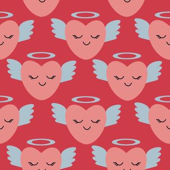 un rosado corazón con alas y un aureola en un rojo antecedentes. sin costura modelo con corazones. interminable antecedentes para San Valentín día, festivo diseño, y tela. vector