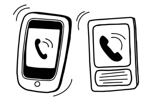 Two smartphones ringing vibrating doodle art showing incoming call notifications vector