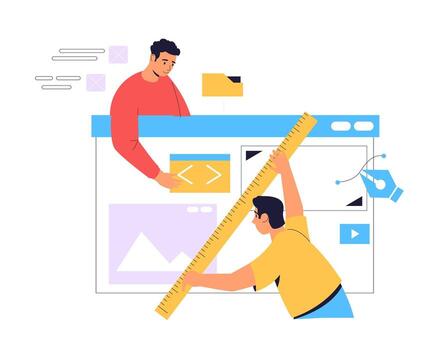 programadores trabajando juntos desarrollando sitio web, agregando código y diseño elementos utilizando grande regla y bolígrafo herramienta, software desarrollo proceso, programación y codificación, sitio web creación y diseño vector