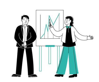 Businesswoman pointing growing chart on flip chart during presentation with businessman watching, business training, coaching, mentoring, explaining, teaching concept vector