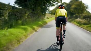 Radfahrer Reiten auf ein Land Straße im Sommer. video