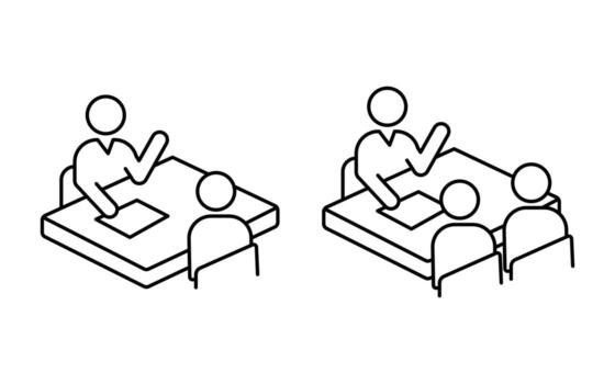 meeting with two and three people sitting around a square table in a conference room. business meeting icon communication. Business conference, planning, and presentation. vector