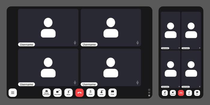 Participants engage in an online meeting with a grid layout. vector
