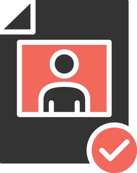 The symbol icon of a document containing a user profile or identity, accompanied by a verification mark that the information has been checked and deemed valid or accurate. vector