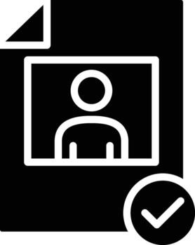 icon of a document containing a user profile or identity, accompanied by a verification mark that the information has been checked and deemed valid or accurate. vector