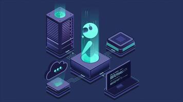 Artificial intelligence robot animation. System analysis. Big data processing. Machine learning technology. Isometric technology. 4K animated in isometric style video