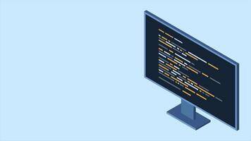 isométrico monitor animação. Programas programação codificação conceito. código em computador monitor. isométrico tecnologia. 4k animado dentro isométrico estilo. video