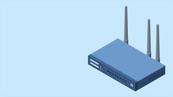 isometrisk nätverk wiFi router med antenner animation. trådlös nätverk kommunikation teknologi. trådlös internet router. nätverk teknologi. 4k animerad i isometrisk stil. video