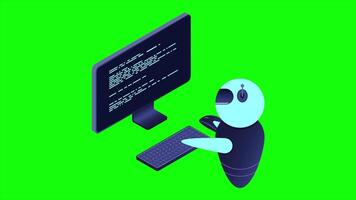 trogen robot samspel med dator animation. isometrisk ai robot. digital kommunikation chatbots. isometrisk teknologi. 4k animerad i isometrisk stil. video