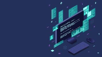 computador tecnologia animação. Área de Trabalho computador plataformas. Programas programação codificação conceito. código com computador monitor. 4k animado dentro isométrico estilo video