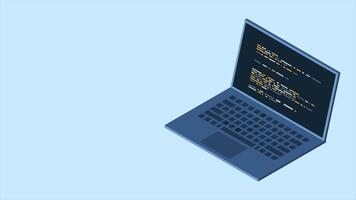 isométrico computador portátil animação. programação em computador portátil conceito com programa código. programa código em uma computador portátil tela. isométrico tecnologia. 4k animado dentro isométrico estilo. video