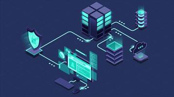 vpn proteção com uma escudo animação. virtual privado rede segurança tecnologia conceito. cyber segurança. isométrico tecnologia. 4k animado dentro isométrico estilo video