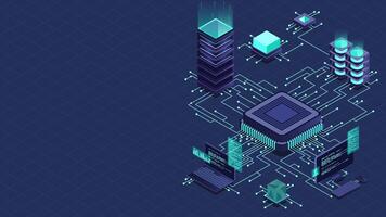 isometrisk artificiell intelligens chip animation. artificiell intelligens server. trogen mikrochip processor. isometrisk moln datoranvändning. animerad i isometrisk stil video