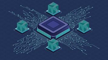 isometrische kunstmatig intelligentie- spaander animatie. kunstmatig intelligentie- concept. futuristische microchip verwerker. isometrische technologie. 4k geanimeerd in isometrische stijl video