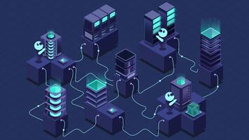 3d isometrico concetto grande dati centro con server animazione. nube informatica. Rete mainframe infrastruttura. isometrico alto tecnologia. 4k animato nel isometrico stile video
