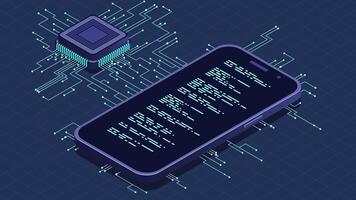 Isometric smartphone with AI animation. Artificial intelligence and smartphone concept. Smartphone with futuristic artificial intelligence processor. 4K animated in isometric style, video