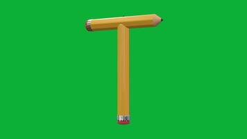 3d alfabeto letra t diseñado con lápiz estilo giratorio animación en verde pantalla fondo, creativo educativo objeto, colegio aprendizaje símbolo, decorativo tipografía elemento para enseñando. video