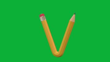 3d alfabet brev v designad med penna stil roterande animering på grön skärm bakgrund, kreativ pedagogisk objekt, skola inlärning symbol, dekorativ typografi element för undervisning. video