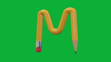 3d alfabet brev m designad med penna stil roterande animering på grön skärm bakgrund, kreativ pedagogisk objekt, skola inlärning symbol, dekorativ typografi element för undervisning. video