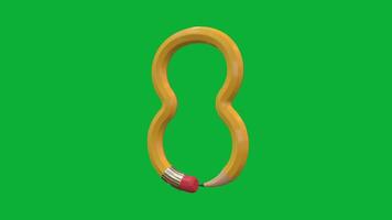 3d siffra 8 designad med penna stil roterande animering på grön skärm bakgrund, kreativ pedagogisk objekt, skola inlärning symbol, dekorativ typografi element för undervisning, utbildning video