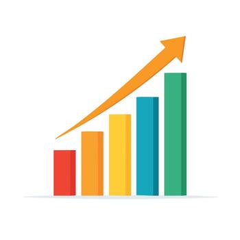 Vibrant illustration of a bar chart demonstrating steady financial growth and business success, featuring an upward-pointing arrow indicating progress and positive development vector