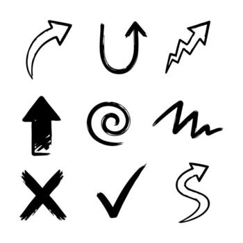 Hand drawn sketch arrows check mark cross doodle symbol collection set vector