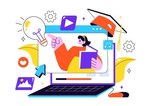 Computer Literacy Day Illustration Featuring Online Learning, Globe, and Education Symbols in Cartoon Flat Style vector