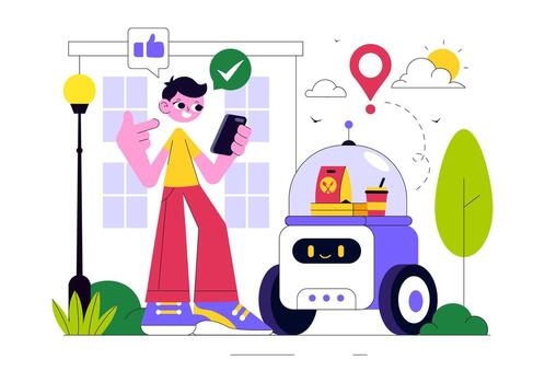 Boy with phone and delivery robot vector