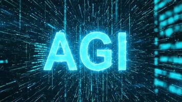 lysande agi text i en trogen digital miljö med data strömmar och koda, symboliserar artificiell allmän intelligens och Avancerad ai teknologi. teknologi abstrakt bakgrund video