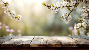 fioritura rami telaio rustico di legno tavolo nel sereno giardino scena con morbido bokeh sfondo video